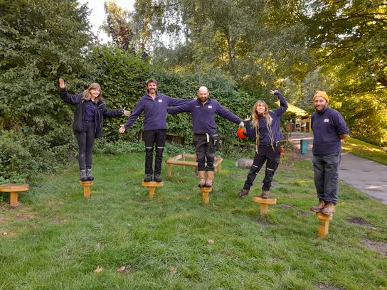 5 members of the team who work at Brockhill Country Park standing on wooden balance equipment