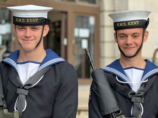 Two Able Seamen Josh and Peter in HMS Kent uniform