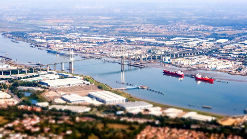 The photograph is an aerial shot of a bridge.