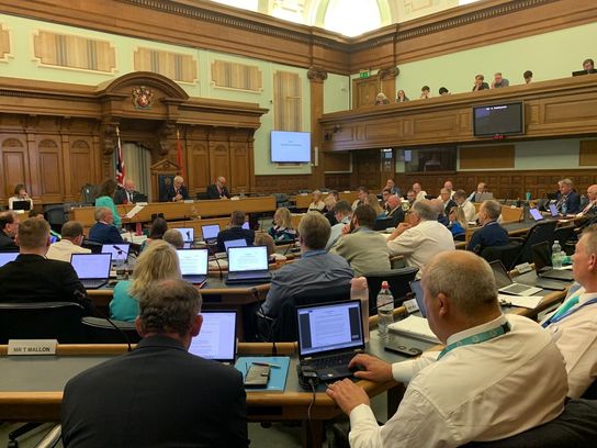 A wide view of the council chamber at County Hall in Maidstone during the full council meeting showing Members