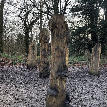 Group of carved wooden posts arranged in a circle on muddy ground in a forest clearing.