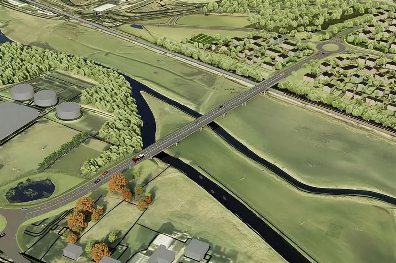 Computer-generated aerial view of a new road bridge crossing a narrow river or drainage channel, linking a rural road network to a small housing development. The scene shows fields, tree-lined waterways, a roundabout connecting suburban streets, and industrial storage tanks to one side, with vehicles travelling across the bridge.