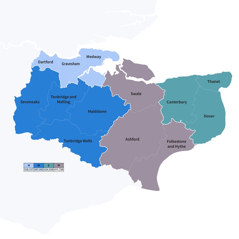 A map showing how Kent will be split into four authorities 