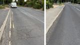 Before and after resurfacing works on Forest Road, Tunbridge Wells, showing the replacement of a worn road surface with a newly resurfaced carriageway