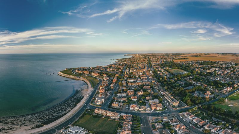 Aerial shot showing the coast of Kent off Westgate-on-Sea, Margate