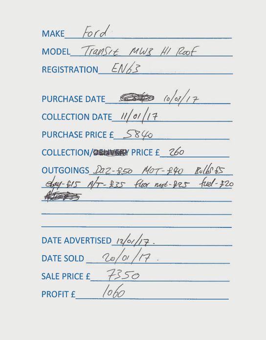 A handwritten sales invoice seized as part of evidence in the Operation Blackboard Kent Trading Standards prosecution. It shows the following information recorded by the offenders: Make Ford / Model Transit MWB Hi Roof / Registration EN63 / Purchase date 10 January 2017 / Collection date 11 January 2017 / Purchase price £5840 / Collection price £260 / Outgoings Daz £50 MOT £40 Bulbs £5 eBay £15 A/T £35 Floor mat £25 Fuel £20 / Date advertised 12 January 2017 /Date sold 20 January 2017 / Sale price £7350 / Profit £1060 