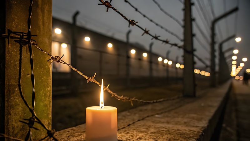 A close up of a lit candle burns at the Auschwitz-Birkenau site