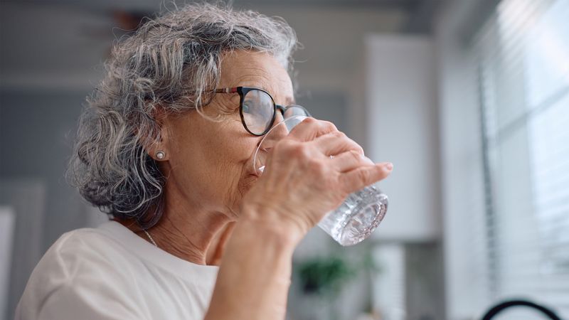 Older woman drinks a glass of water