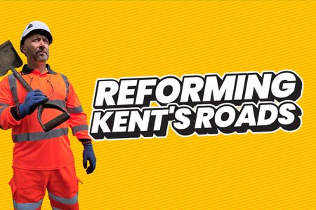 A cut out of a highways worker holding a shovel with a bright yellow background. The words Reforming Kent's Roads is to the right in white text