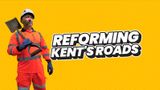 A cut out of a highways worker holding a shovel with a bright yellow background. The words Reforming Kent's Roads is to the right in white text