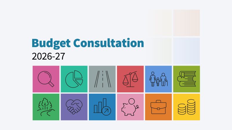 Graphics for the Kent County Council budget consultation 2026-27 campaign. Imagery depicts a briefcase, magnifying glass, coins, ledgers, a road, weighing scales, people, trees, graphs and a pie chart