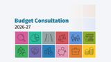 Graphics for the Kent County Council budget consultation 2026-27 campaign. Imagery depicts a briefcase, magnifying glass, coins, ledgers, a road, weighing scales, people, trees, graphs and a pie chart