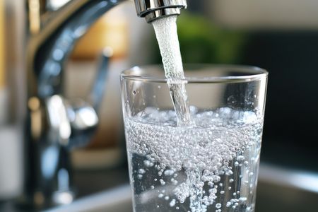 Water from a chrome kitchen tap being poured into a glass 