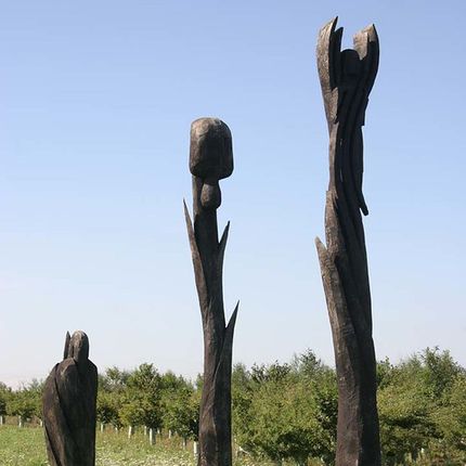 Three tall, dark wooden sculptures with organic shapes standing on a grassy field.
