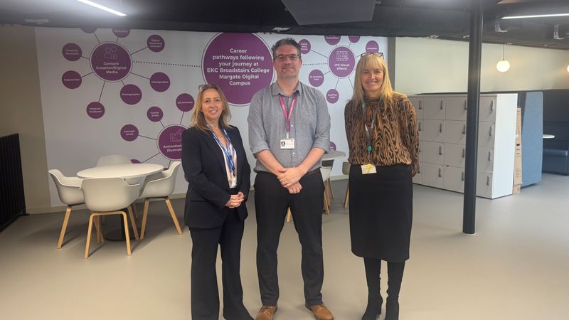 KCC Cabinet Member for Education and Skills, Beverley Fordham, at Margate Digital Campus with the Head of Campus Ross Buttery and EKC Group Chief Executive Officer, Lucy McLeod