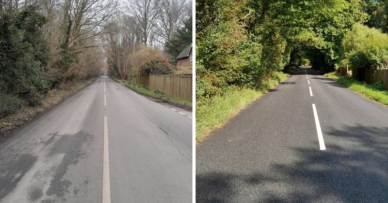Before: Dull, ageing road with visible patching, discolouration and rough, uneven surface through a tree-lined residential area. After: Newly surface dressed road with a dark, uniform finish, crisp road markings, and a smoother, well-maintained appearance.