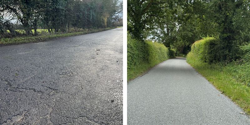 Before and after surface dressing works on East Sutton Road, Maidstone, showing the improvement from a worn road surface to a newly resurfaced carriageway."