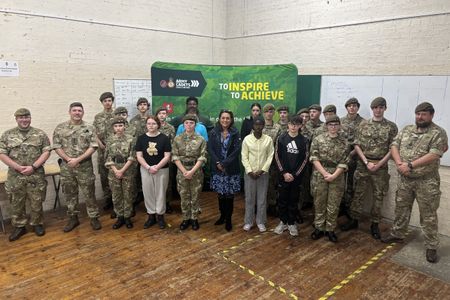 Linden Kemkaran, centre, with cadets and cadet force adult volunteers from Moncktons Detachment of the Kent Army Cadet Force