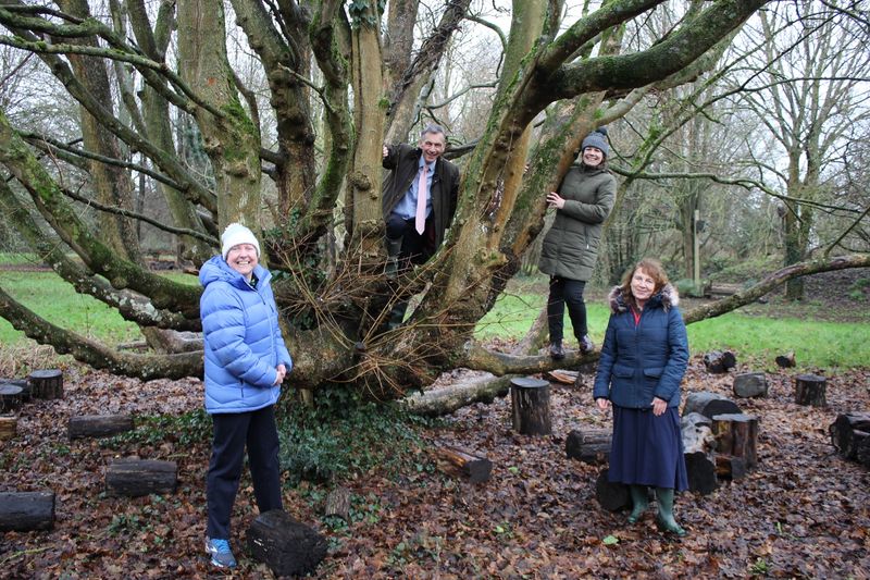 Left to right Becky Parker, Rory Love, Sam Goodfellow and Christine McInnes with one of the impressive trees in the school grounds