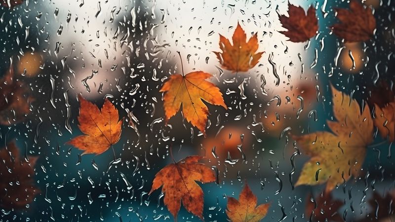 Autumn leaves against a wet window
