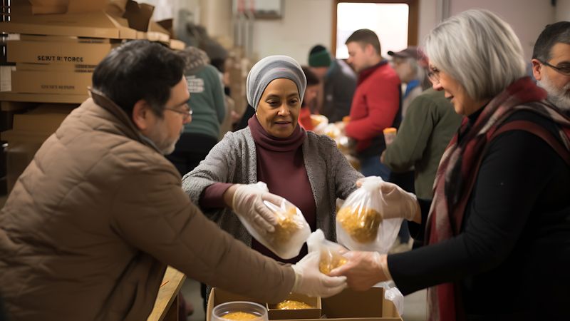 Food is handed out to visitors to a food bank setting