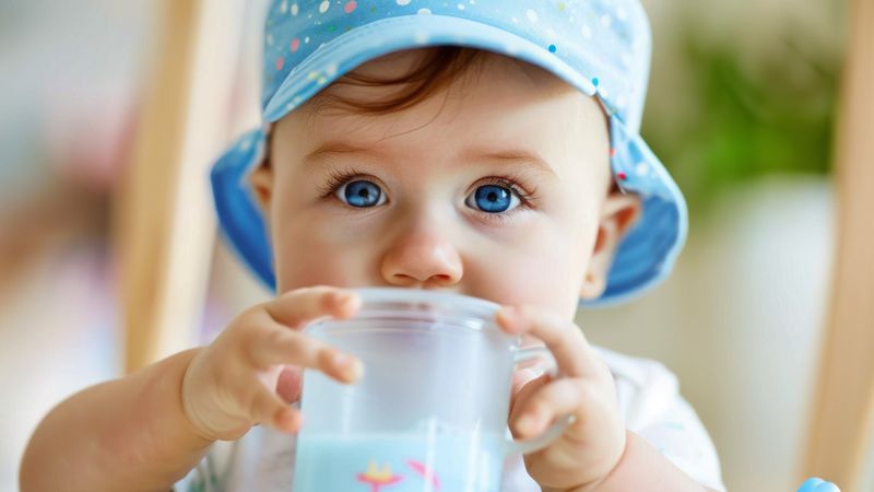 Blue-eyed baby wearing a blue sun-hat and drinking from a plastic beaker