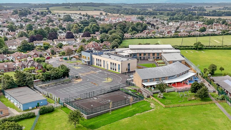 A drone shot showing the scale of the new buildings at The Beacon School in Walmer including the classrooms and outside areas
