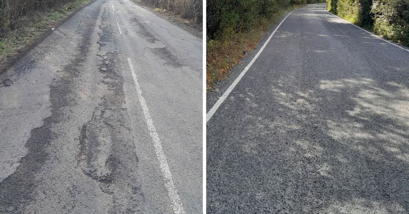 Before: Worn rural road surface with multiple potholes, cracks and patchy repairs, faded centre line, and uneven texture. After: Same road resurfaced with fresh surface dressing, showing a smooth, even texture with clear white edge line and improved appearance.