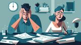 Illustration in blue tones of a couple sitting at a table surrounded by bills and looking stressed