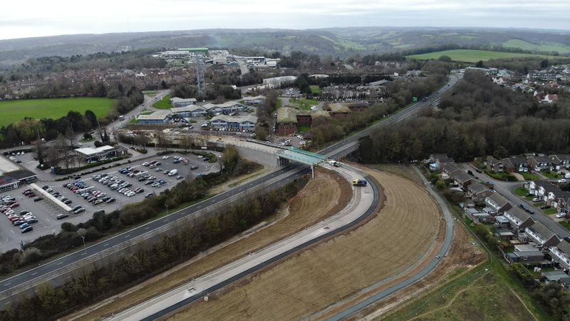 A view of the new bridge over the A2 nearing completion, looking south