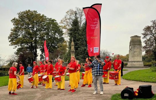 Bloco Fogo band drumming in Brenchley Park