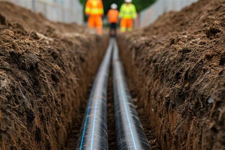 Some blue cabling running through a trench dug in some earth 