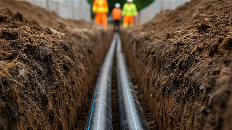 Some blue cabling running through a trench dug in some earth 