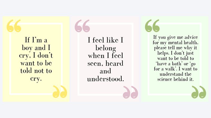 Quotes from young people for Children's Mental Health Week saying "If I'm a boy and I cry, I don't want to be told not to cry", "I feel like I belong when I feel seen, heard and understood" and "If you give me advice for my mental health, please tell me why it helps. I don&rsquo;t just want to be told to &lsquo;have a bath&rsquo; or &lsquo;go for a walk&rsquo;; I want to understand the science behind it."