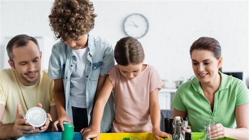 Four people sorting household waste into colour‑coded recycling bins, placing items such as cans, bottles and packaging into separate containers in an indoor setting.