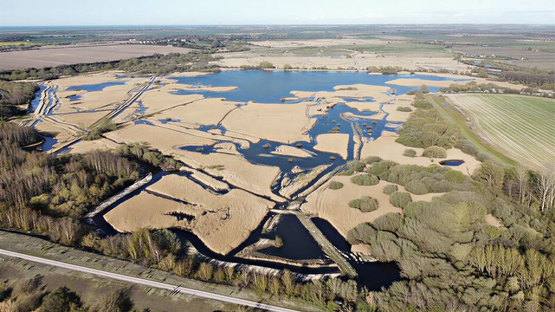Aerial view of a large wetland nature reserve showing interconnected lakes, reedbeds and waterways surrounded by farmland and woodland. The landscape features winding channels of water weaving through golden reed beds, with open countryside stretching to the horizon under a clear sky.