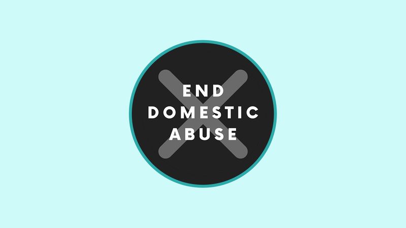 End Domestic Abuse in a black circle on a blue background