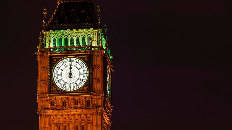 Big Ben clock face in London at midnight