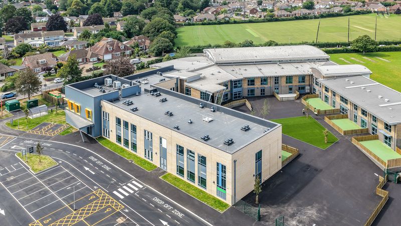 A close up drone photo of the new buildings at The Beacon School in Walmer including the new drop off zone for parents