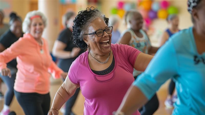Woman in pink t-shirt laughing as she enjoys a zumba class