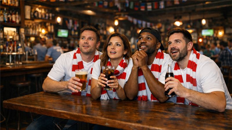 Four adults wearing red‑and‑white scarves sit at a wooden table in a busy pub, holding drinks and looking toward a television screen, appearing engaged in watching a sports match while surrounded by shelves of bottles and warm lighting.