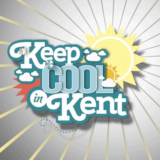 Keep cool in Kent written in blue 'bubble' text over a yellow sun