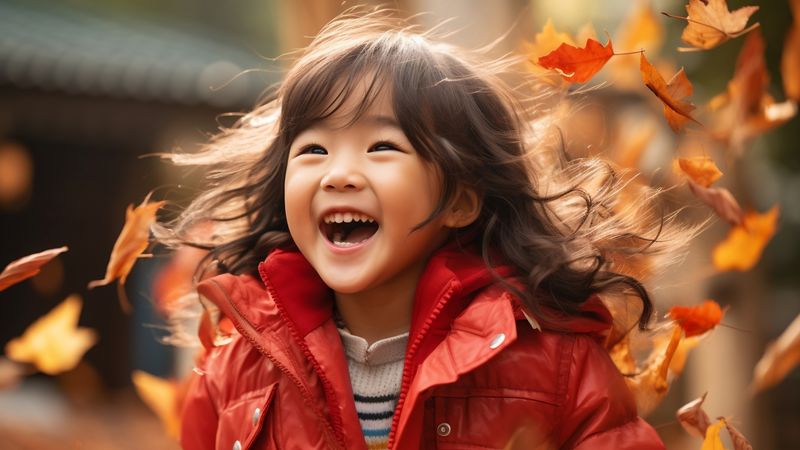 Young girl in red jackets surrounded by falling autumn leaves