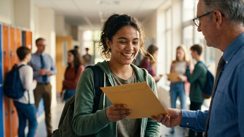 A teenage girl getting an envelope with exam results with other young people getting their results in the background