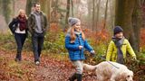 Two children in colourful winter jackets walk a dog along  leaf-covered woodland path in autumn. Two adults follow behind 
