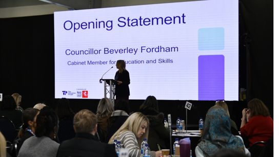 Cllr Beverley Fordham gives a speech on stage at the Kent Inclusion Conference