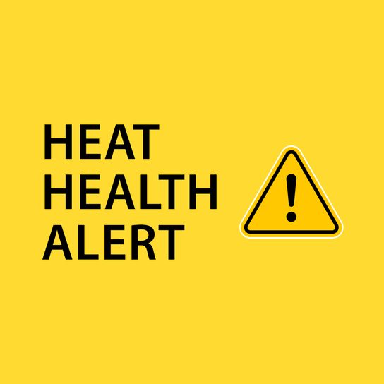 Heat Health Alert! written in black capital type against a yellow background