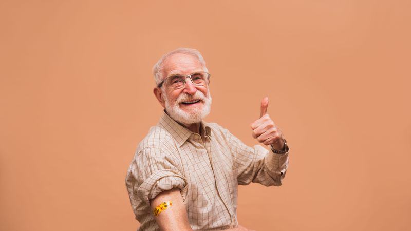 Older man against orange background with shirt sleeves rolled up and animal-themed plaster on his arm gives thumbs up