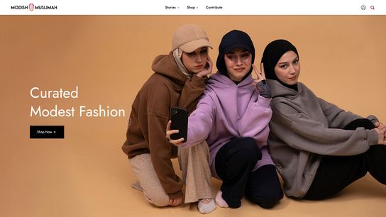 Screenshot from the Modish Muslimah website home page showing three models in some curated clothing brands