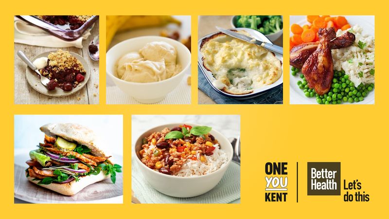A range of healthy meals, showing from top left to right a fruity crumble, a bowl of vanilla ice cream, a cottage pie, sticky chicken leg with mash and peas and bottom row a chicken sandwich with a vegetarian chilli con carne
